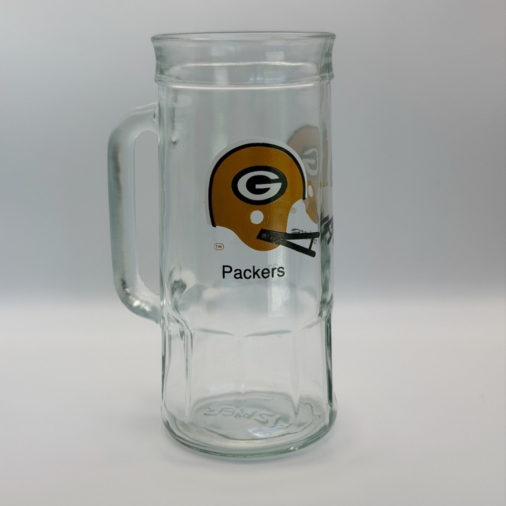 Vintage Green Bay Packers Glass Beer Mug Stein NFL Football Barware Tankard 7"